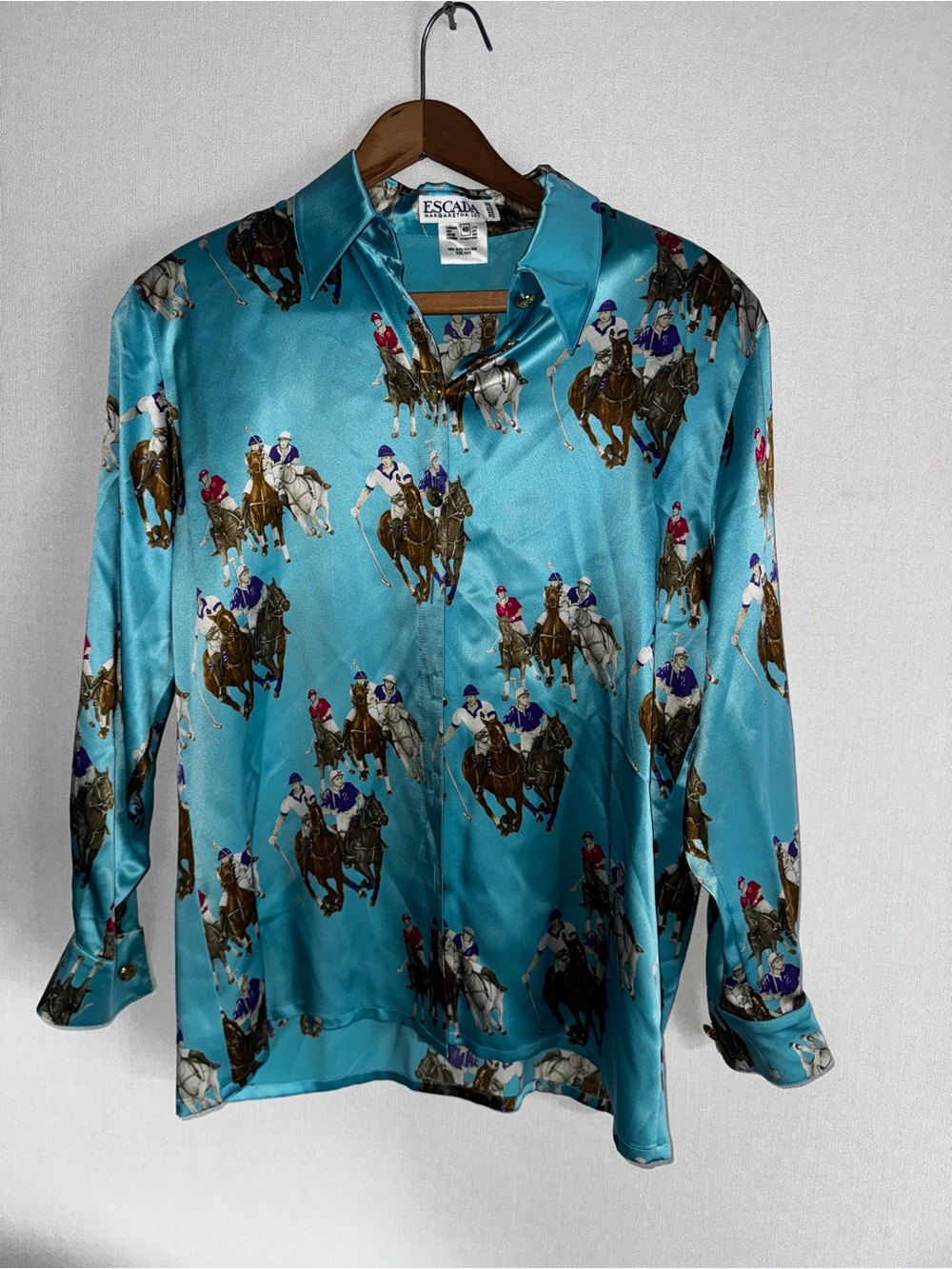 RARE late 1980s to early 1990’s Escada Turquoise Polo-Print Silk Shirt - Picture 3 of 6